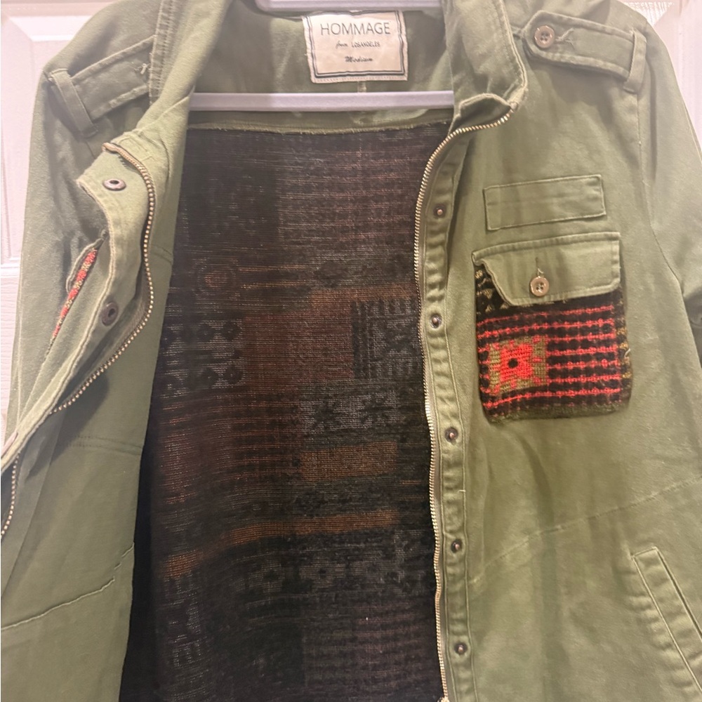 HOMMAGE Olive Military Field Jacket with Patterned Pocket and Back
